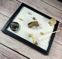 Tapbull Zen Sand Garden bamboo rake enables a relaxing desk routine.