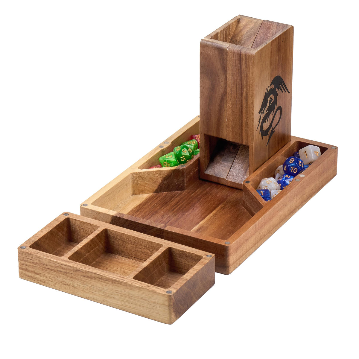 Tapeera wooden magnetic dice tower in closed-box form for quick setup
