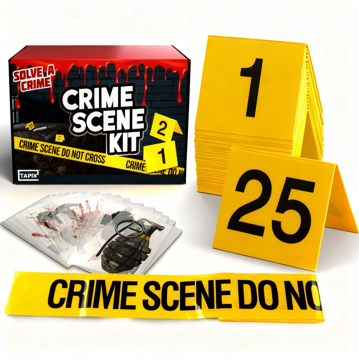 Tapix Mystery Dinner Game Kit crime scene tape for immersive detective play at home.