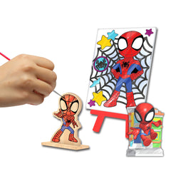 Six paint pots and brushes for vibrant Spidey artwork