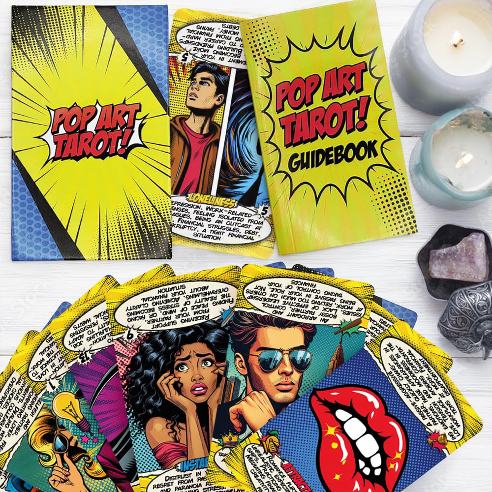 Tarotika Pop Art Deck card 05 emphasizing magnetic box storage and travel-friendly appeal.