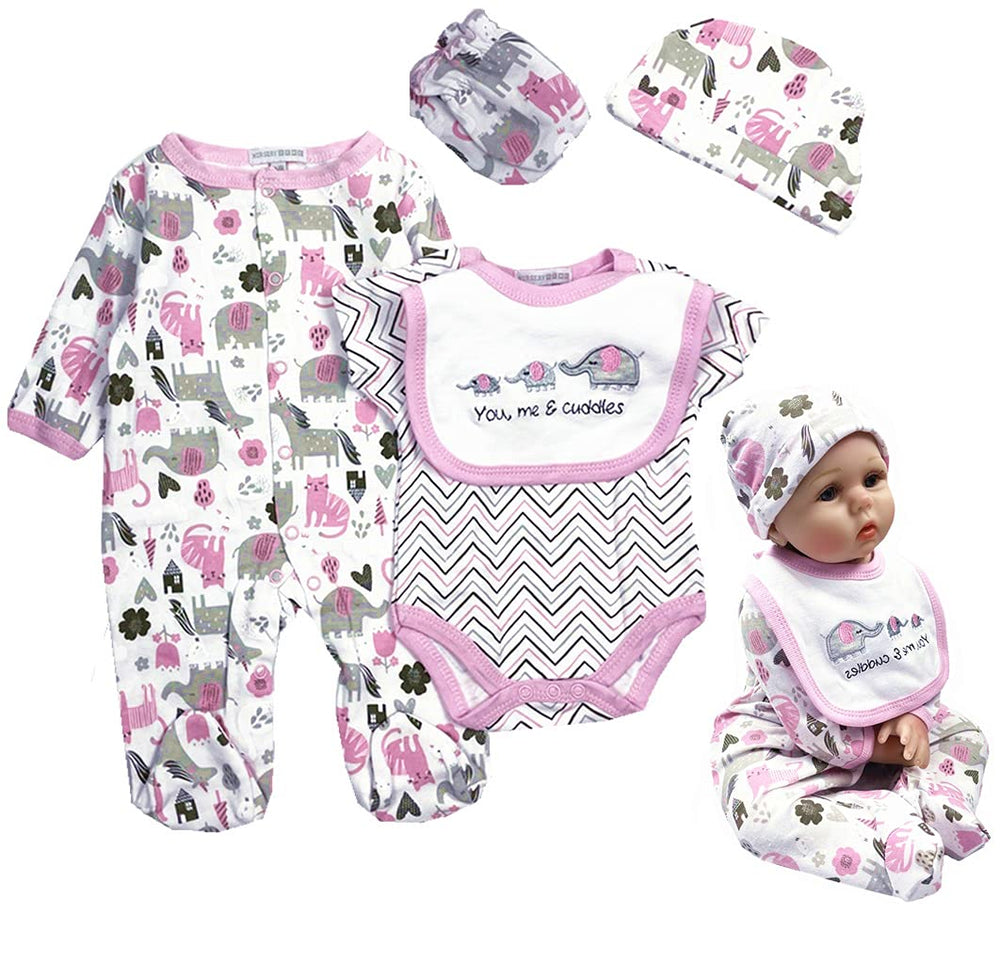 TatuDoll elephant 5-piece set for 22-inch reborn dolls, coordinated style options.