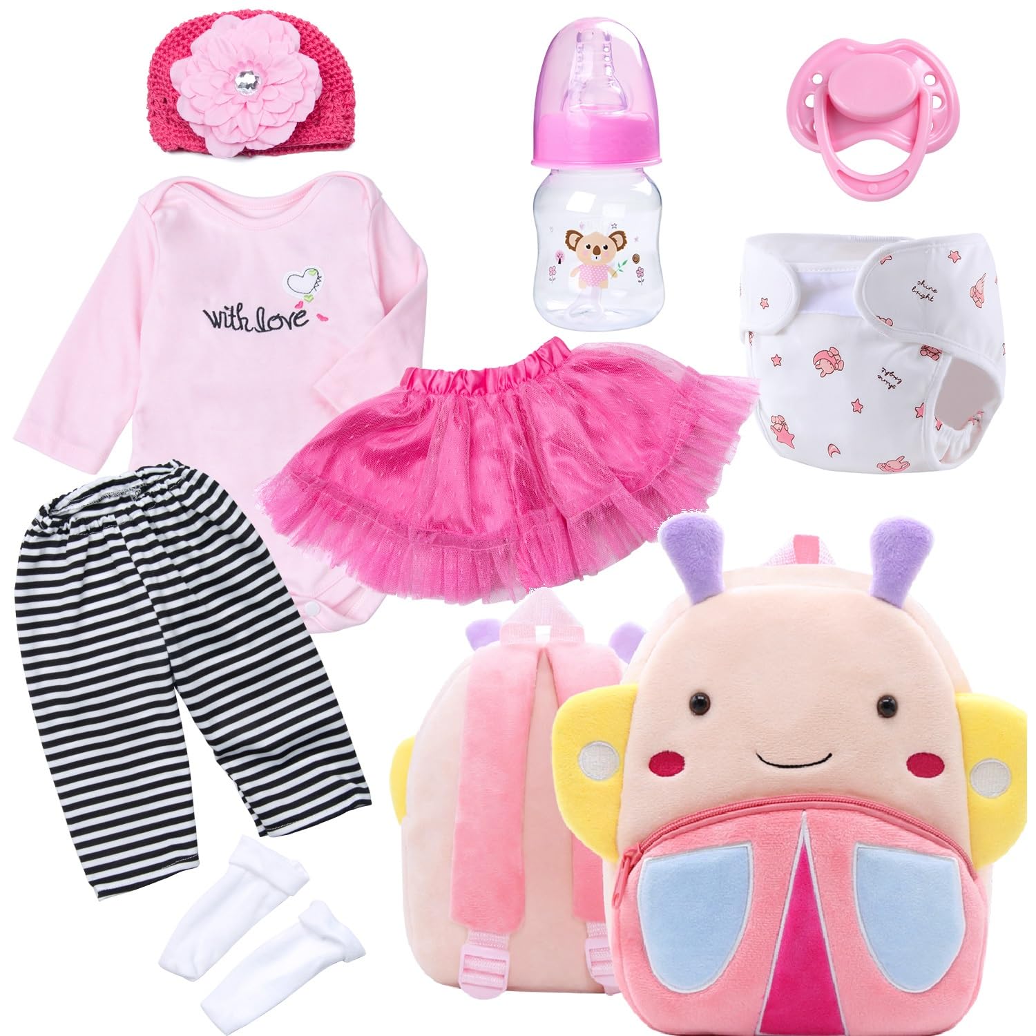 TatuDoll pink butterfly backpack—spacious storage for doll accessories during play.