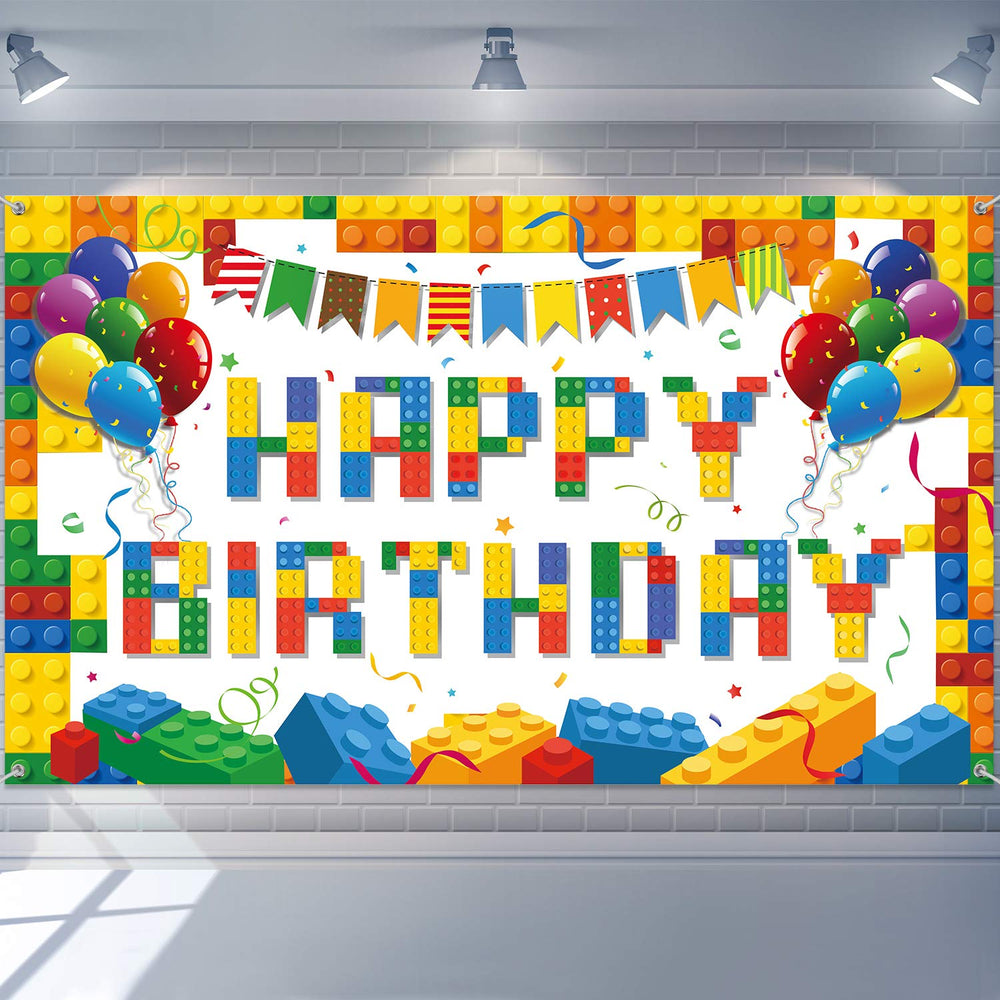 Tatuo building block birthday banner enhances kids party photos with vibrant colorful blocks
