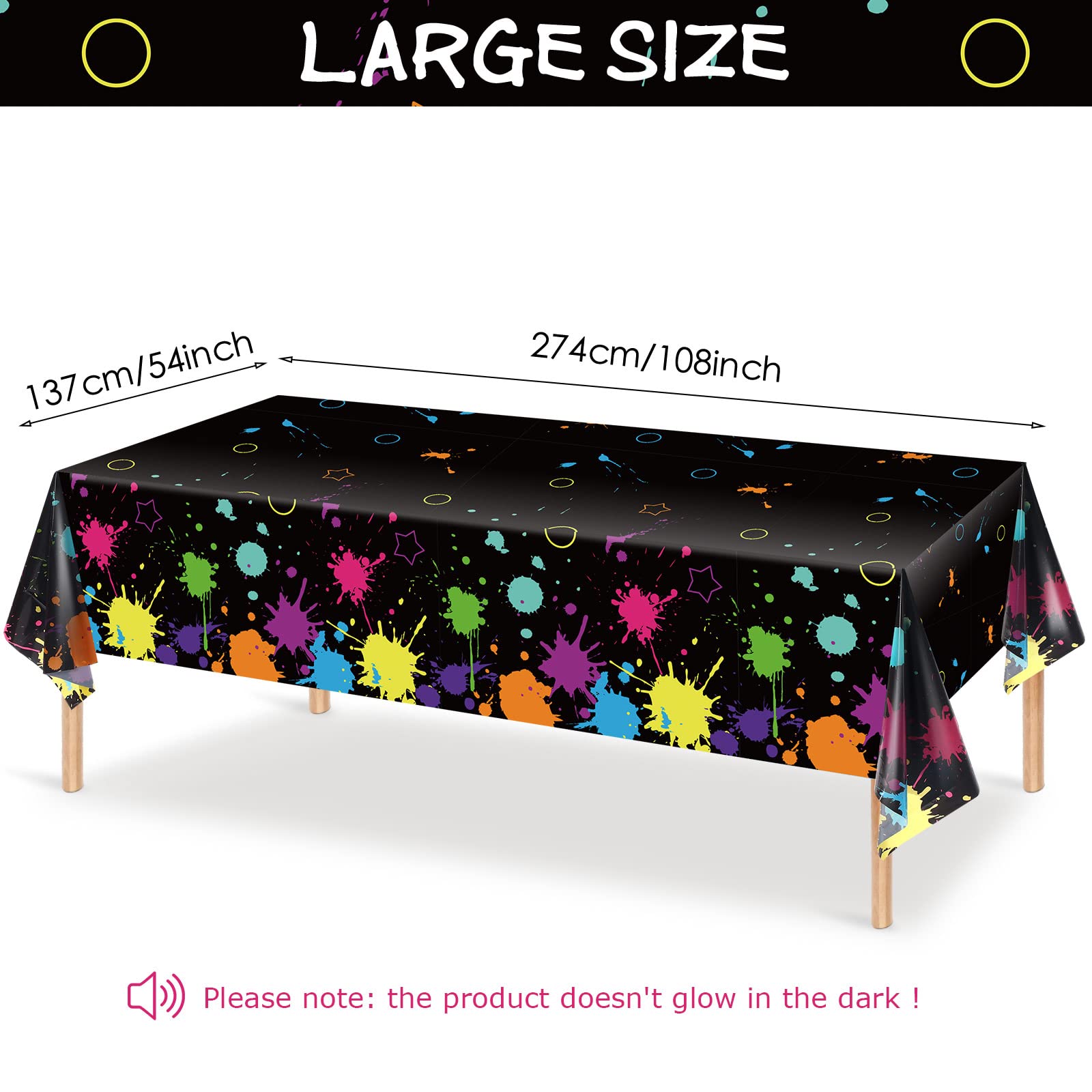 Tatuo glow party tablecloth featuring neon splatter under black light.