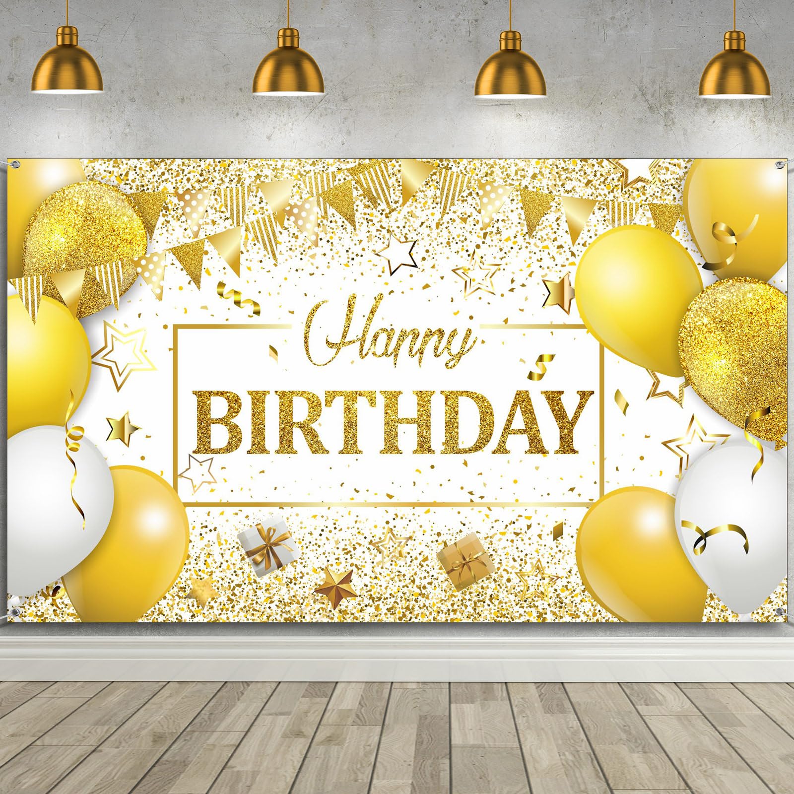 Tatuo happy birthday backdrop banner navy and gold for stylish party photos.