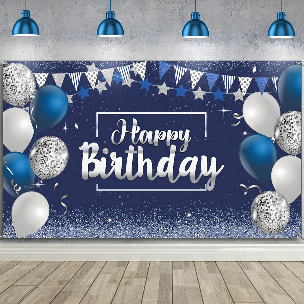 Tatuo Happy Birthday backdrop in navy and silver for party photos.