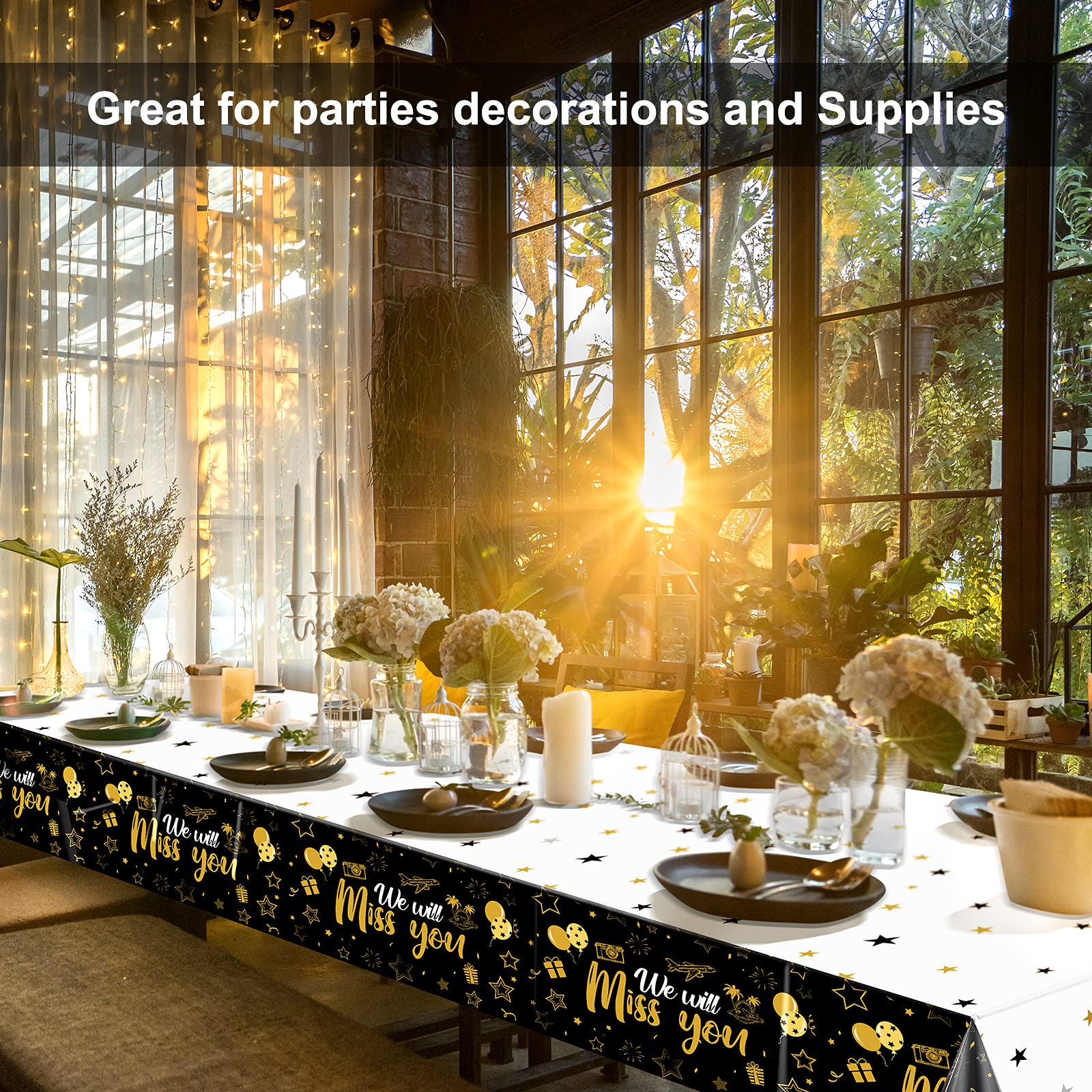 Farewell party setup with Tatuo Miss You tablecloth in gold stars.