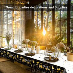 Farewell party setup with Tatuo Miss You tablecloth in gold stars.