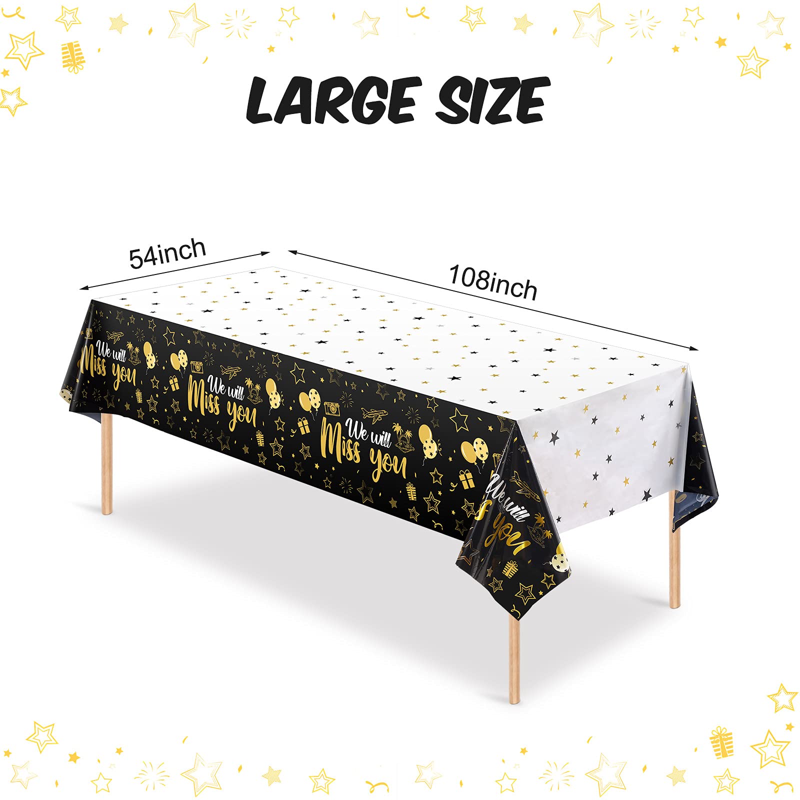Close-up of the gold star print on the Tatuo tablecloth for party vibe.