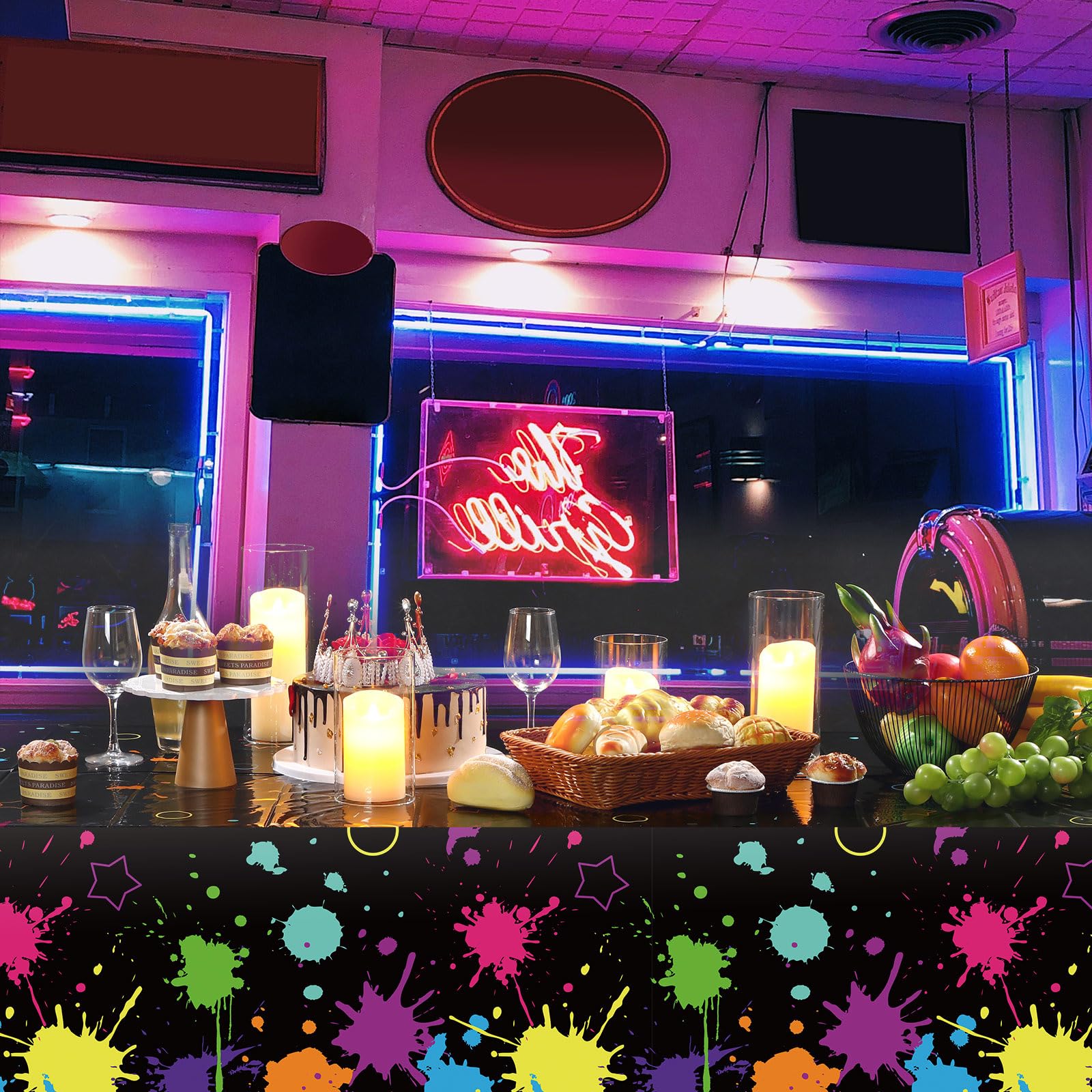 Tatuo neon color tablecloth enhances birthday and neon-themed events.