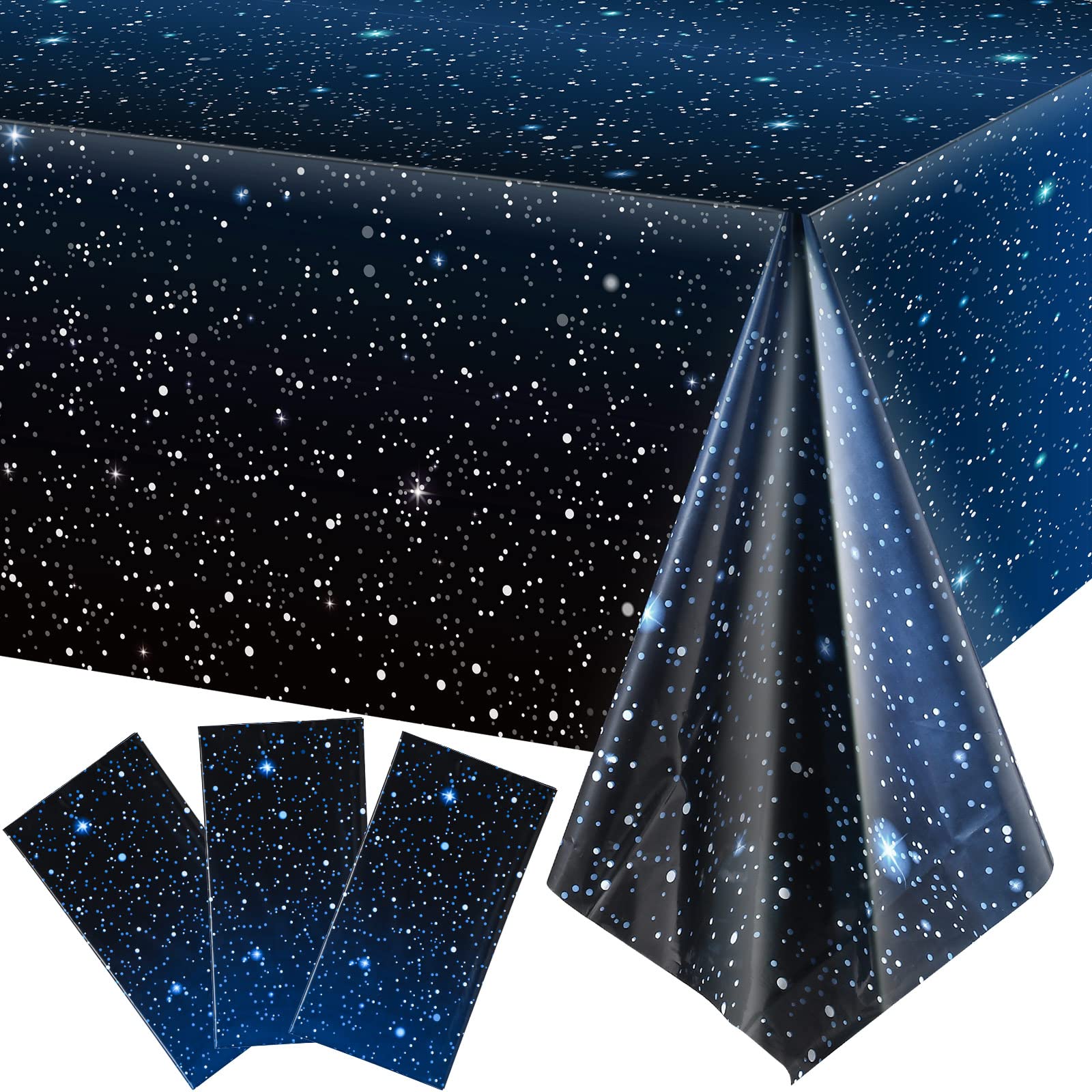 Tatuo starry night tablecloth flatlay showing wide coverage for rectangular tables.