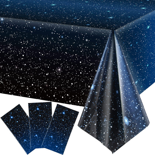 Tatuo starry night tablecloth flatlay showing wide coverage for rectangular tables.