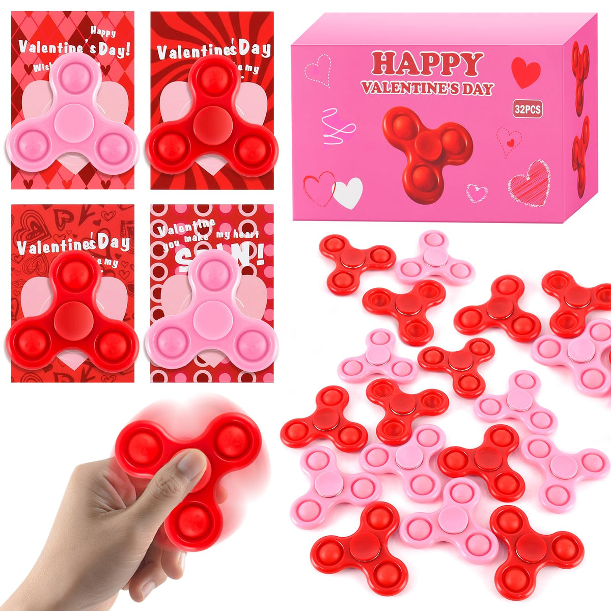 TATWOQ Valentines fidget spinner in red and pink for classroom focus and fun.