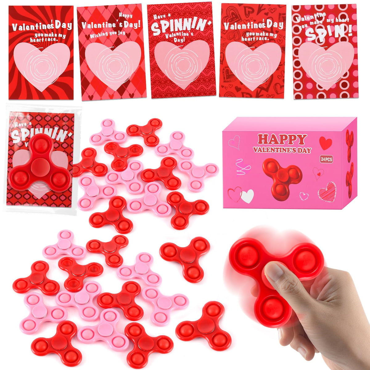 TATWOQ Valentines spinner set closeup, durable fidget toys for classroom use