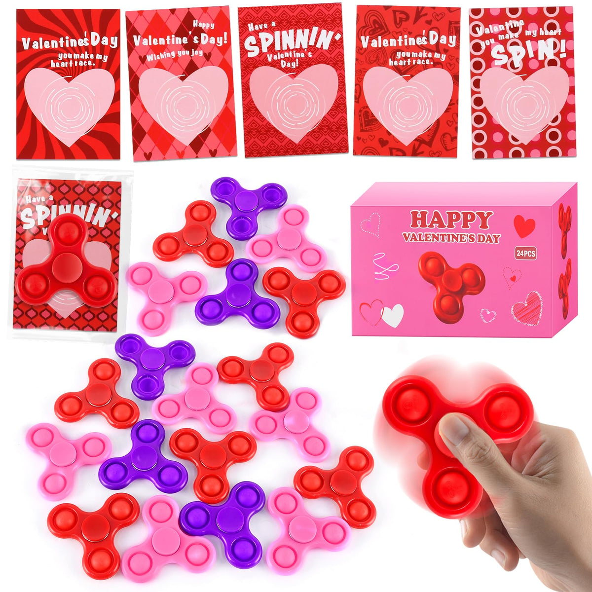 TATWOQ red Valentines spinner close-up showing durable classroom-ready design