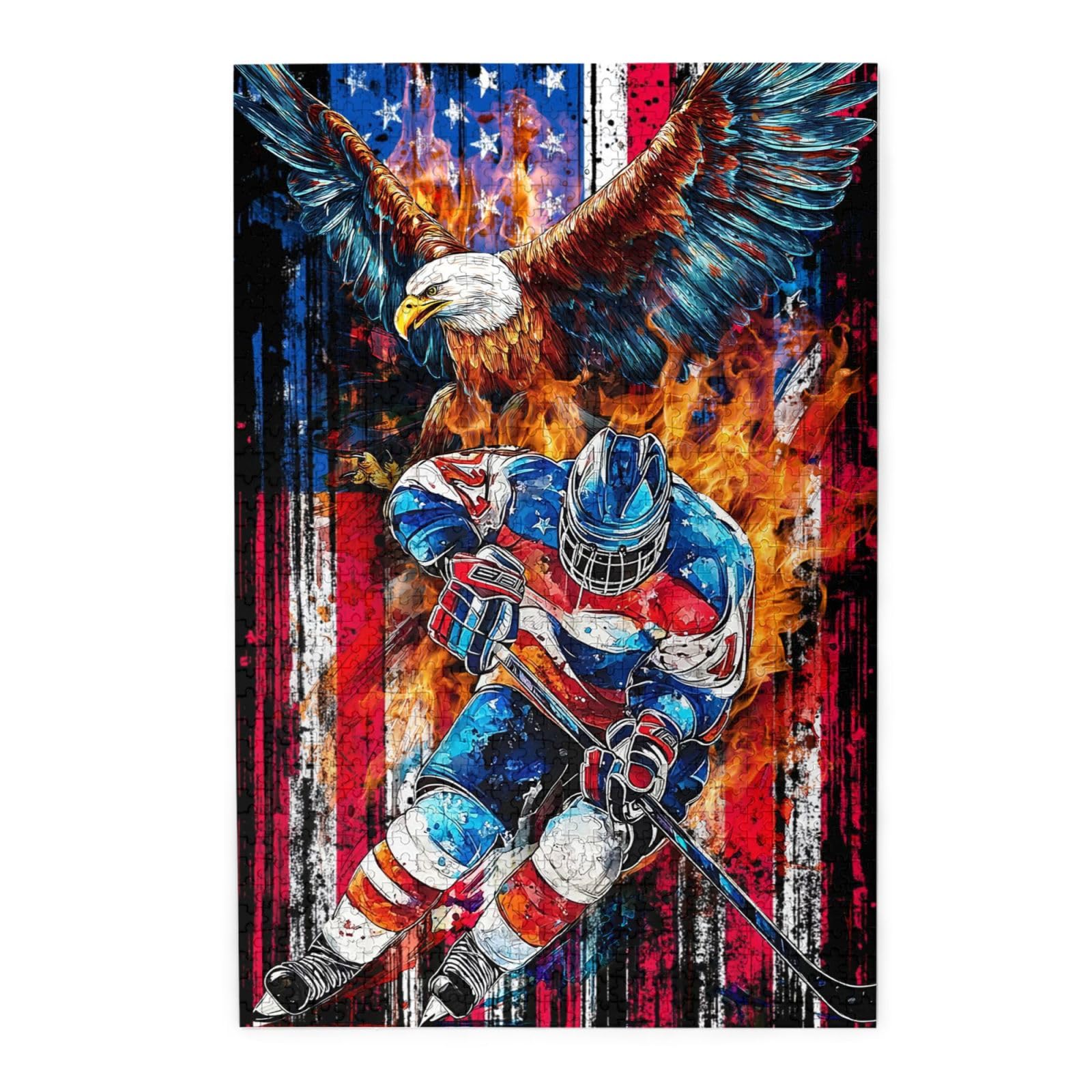 TavoIinda hockey puzzle shows American flag, ice hockey, and eagle design for a patriotic challenge