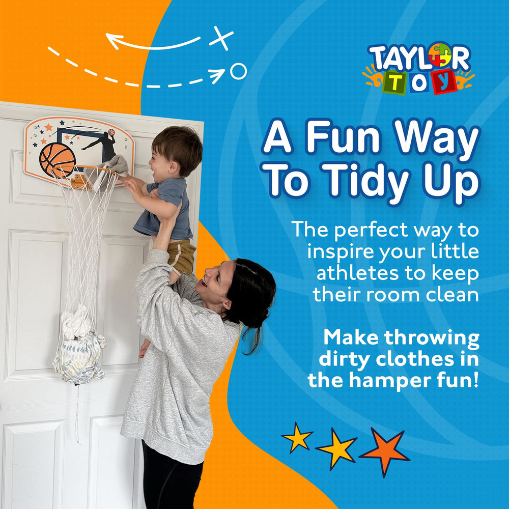 Taylor Toy basketball hoop hamper on a backboard adds sport-inspired storage.