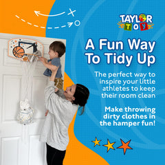 Taylor Toy basketball hoop hamper on a backboard adds sport-inspired storage.