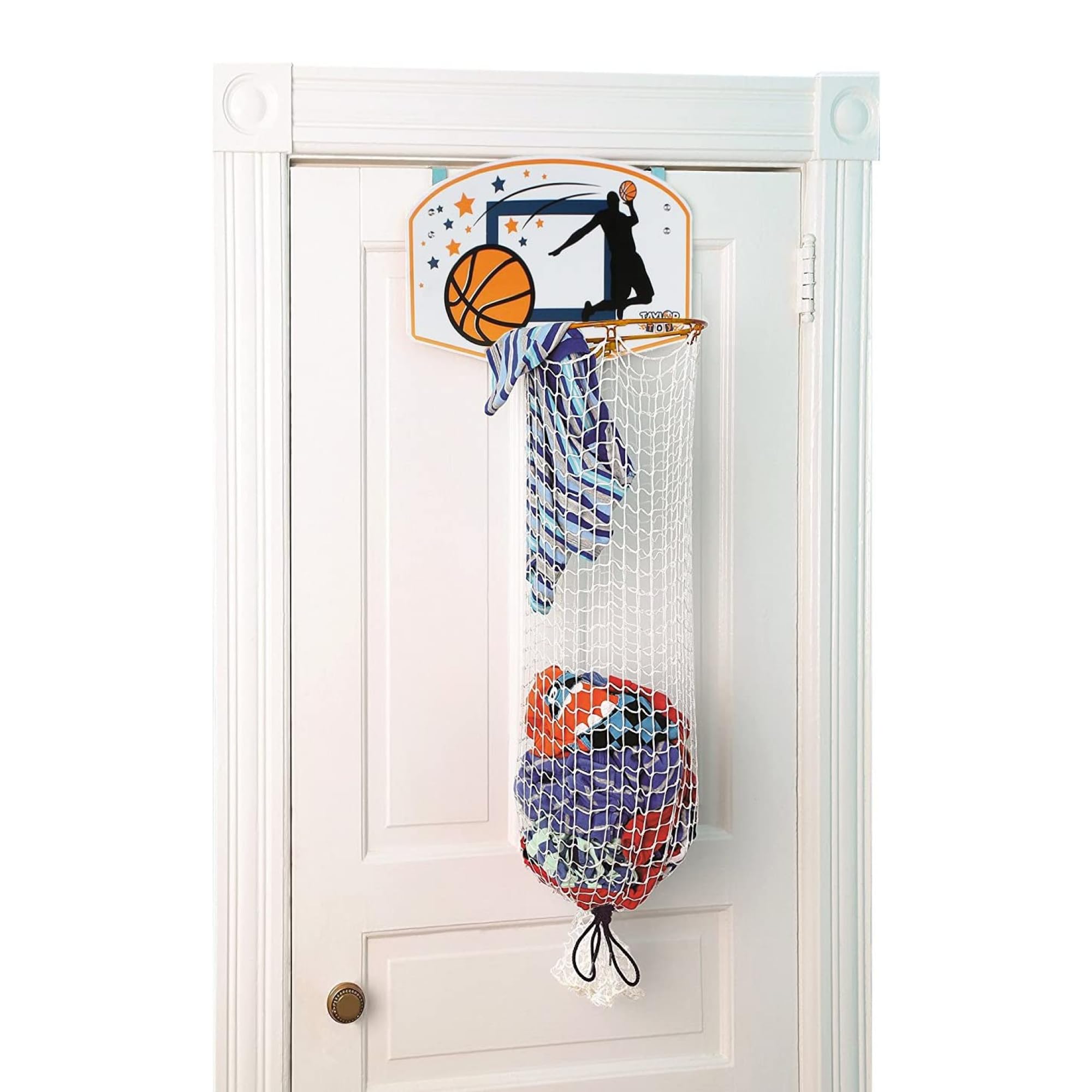 Taylor Toy basketball hoop laundry hamper mounted on a door for easy laundry.