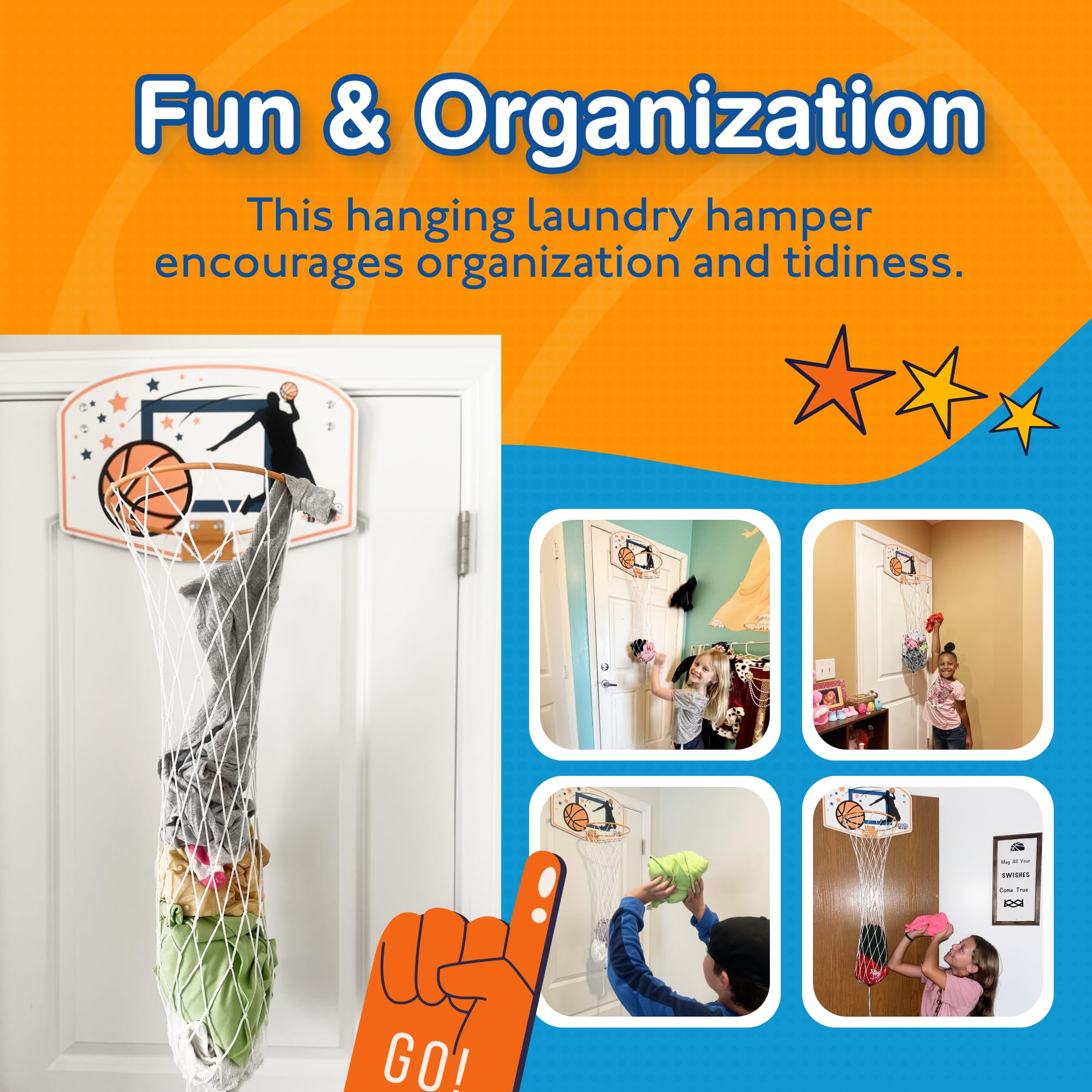 Taylor Toy dorm basketball hamper helps keep clothes tidy on doors.