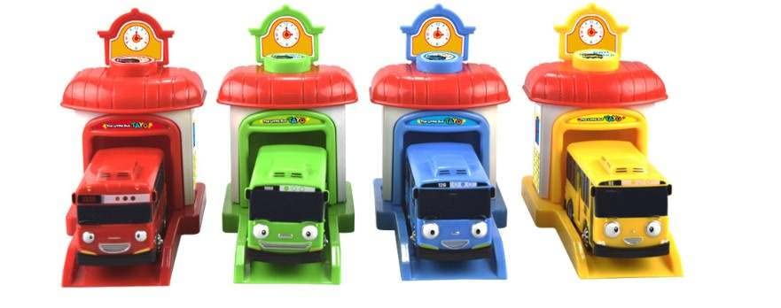 Tayo Bus Playset blue front view demonstrates battery-free, push-powered play.