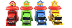Tayo Bus Playset blue front view demonstrates battery-free, push-powered play.