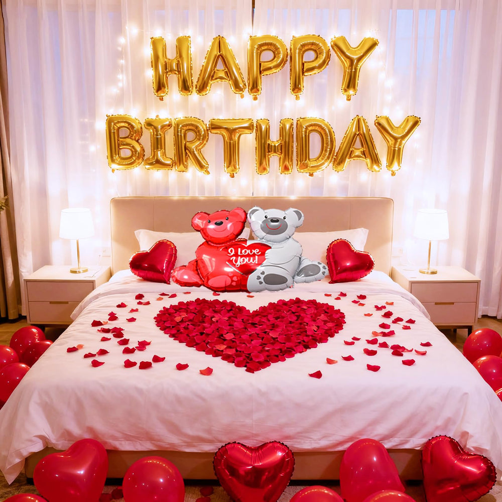 Tayuvira Happy Birthday banner letters decorate romantic birthday setup.
