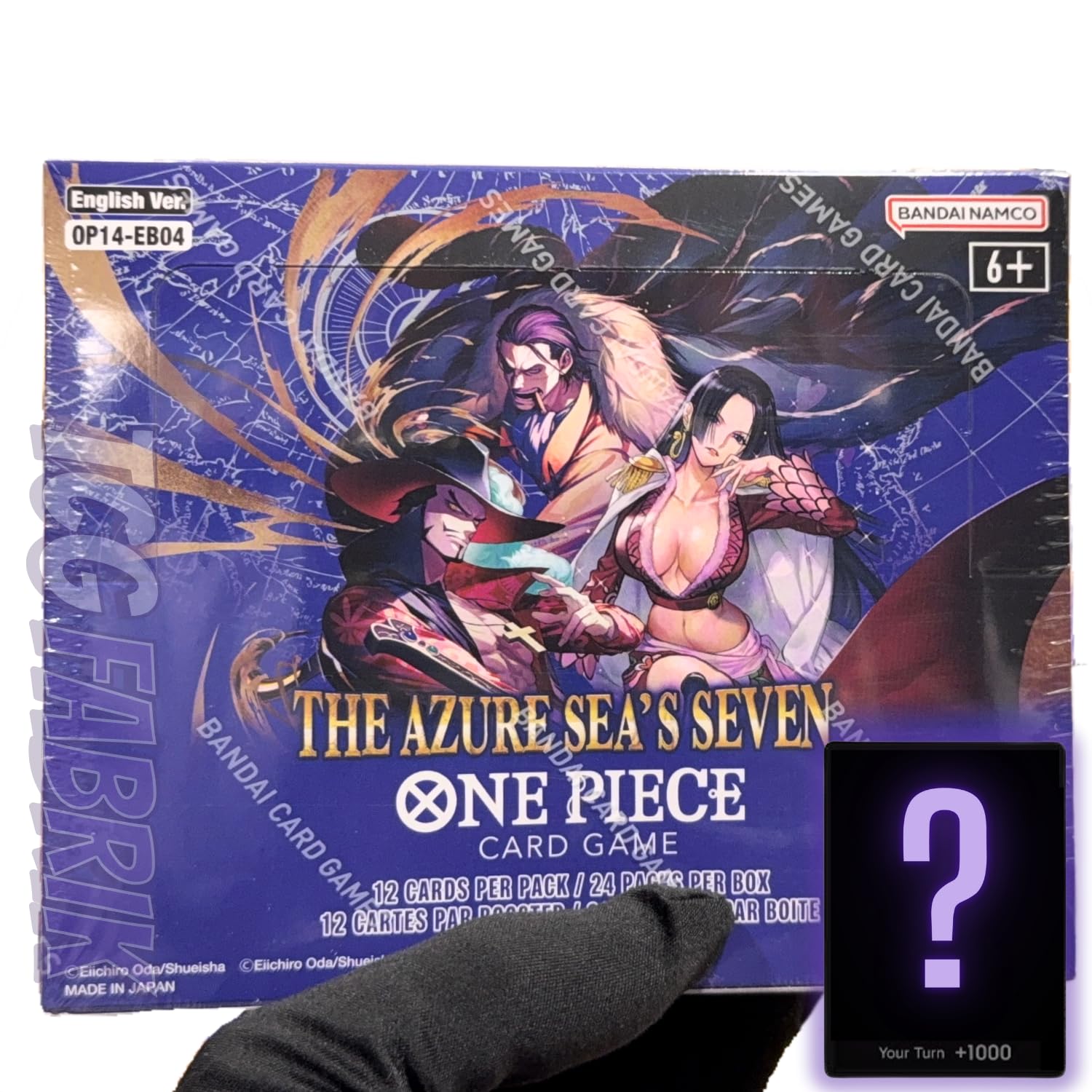 TCG Fabrik OP14 Azure Seas Seven booster box displayed for collectors.