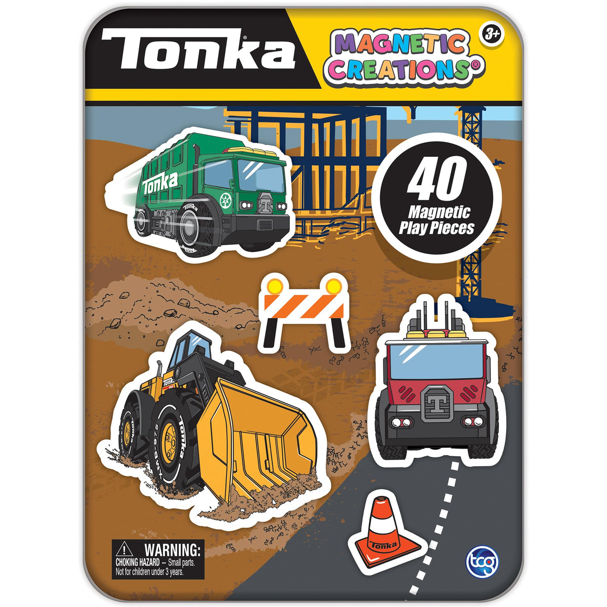 TCG Toys Tonka Magnetic Creations Tin with colorful pieces and sturdy lid for easy storage.
