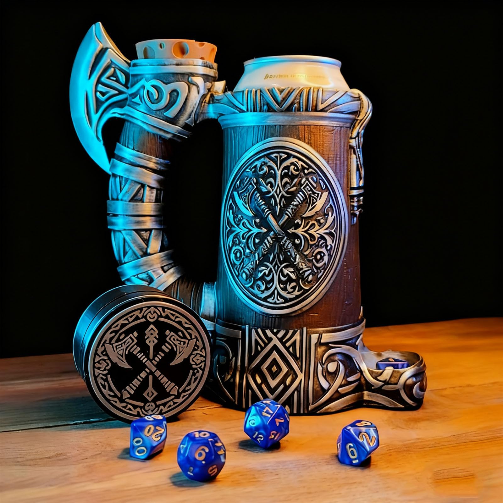 TCGADVN DND mug dice tower with integrated storage and rugged finish.