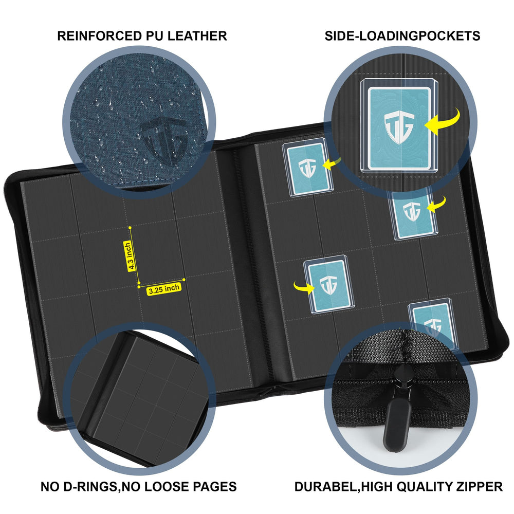 TCGUARD binder open spine view highlighting 20 double-sided pages for easy access.
