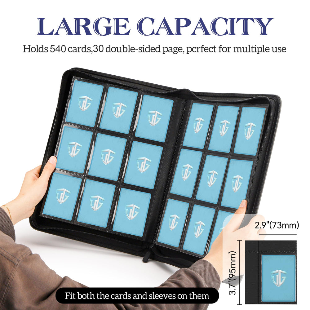 TCGUARD trading card binder zipper closure keeps contents secure.