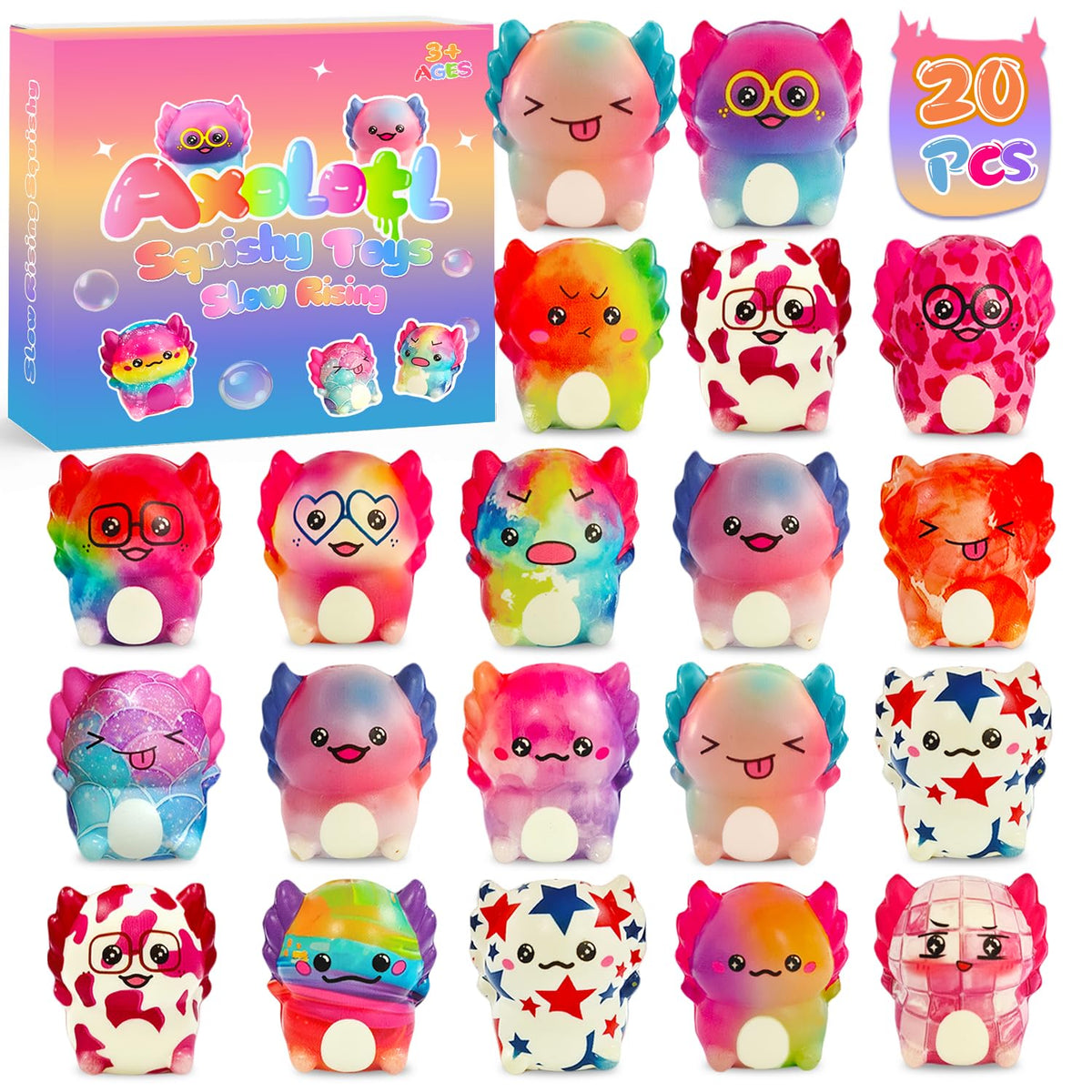 Tcnroy axolotl squishy 20-pack colorful designs for kids' play and gifting