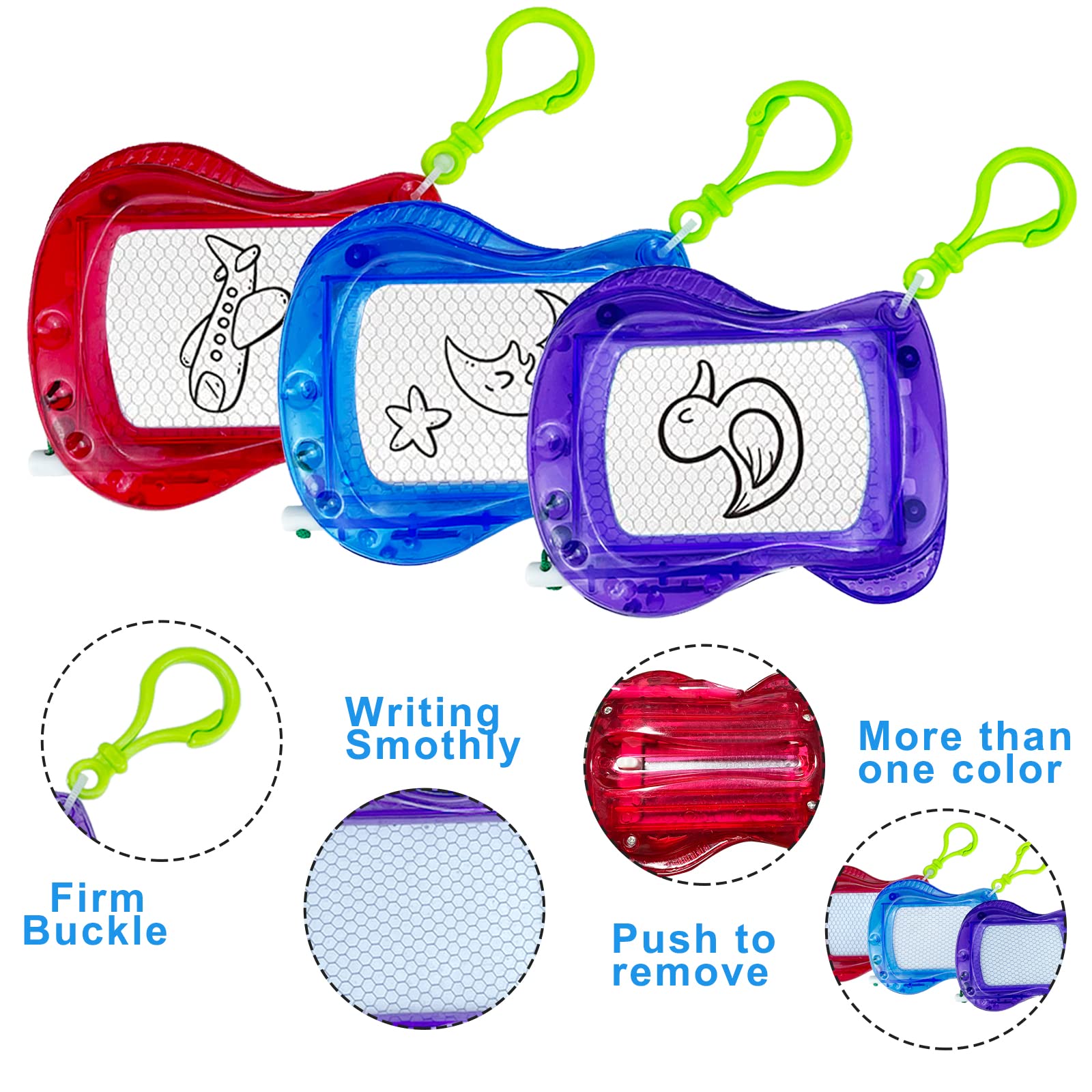 Tcvents drawing board clipped to a backpack with a green key ring for travel play