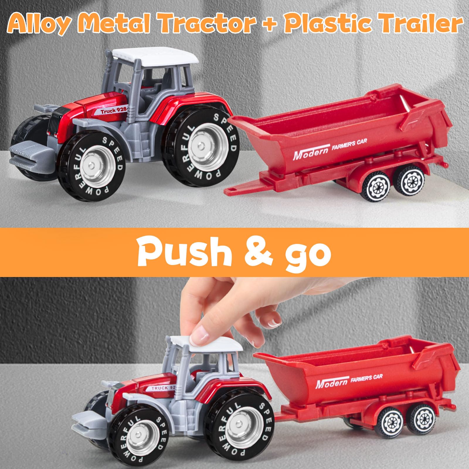 Tcvents dump trailer tractor toy highlights detachable features for versatile setups.