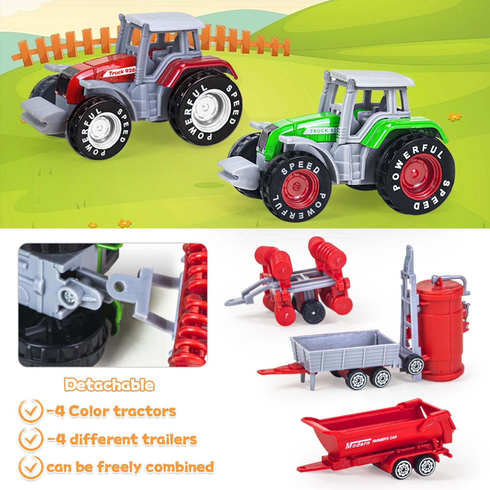 Tcvents water tank tractor toy showing sturdy connections for realistic trailer interactions.
