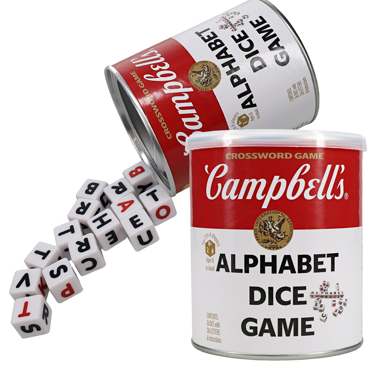 TDC Games Campbell's Alphabet Dice Game soup-can storage keeps play tidy and portable