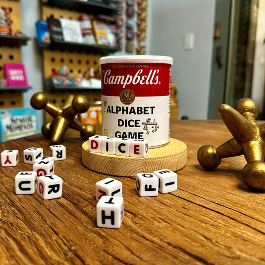 TDC Games Campbell's Alphabet Dice Game close-up of bright alphabet dice for quick word challenges