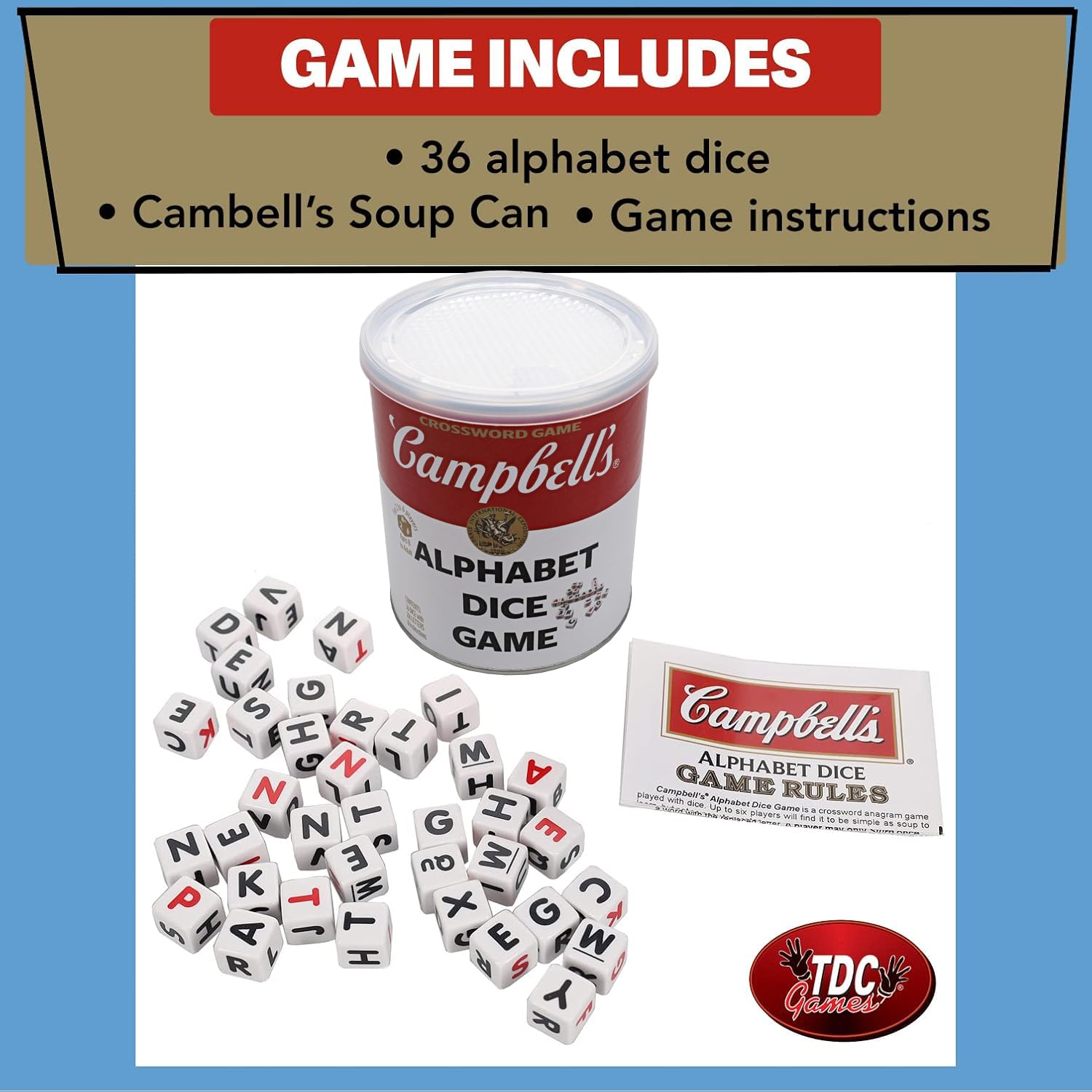 TDC Games Campbell's Alphabet Dice Game soup can art stands out at gatherings