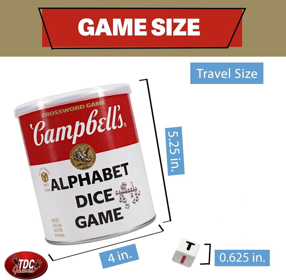TDC Games Campbell's Alphabet Dice Game travel-case and compact size for trips