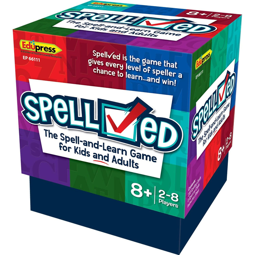 SpellChecked card game cover by Teacher Created Resources, inviting family spelling practice.