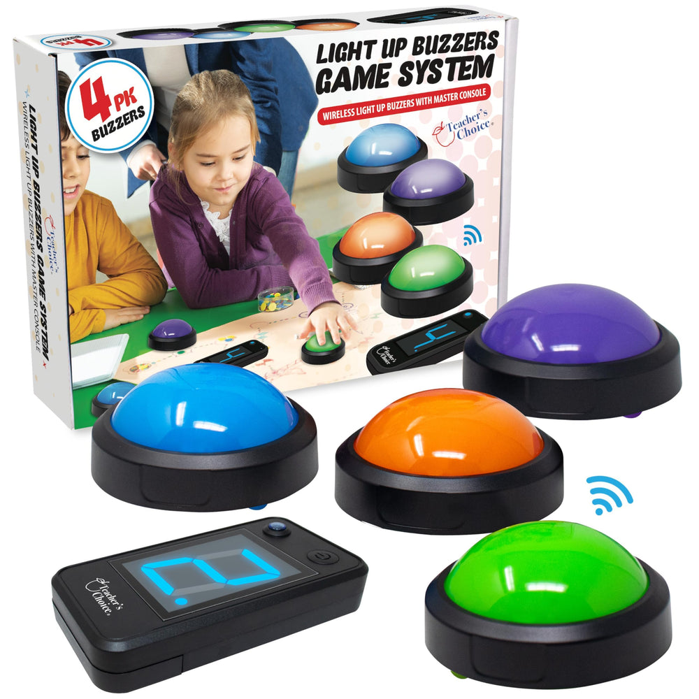 Teacher's Choice wireless buzzer joysticks glow for four-player gameplay and fast buzz-ins.