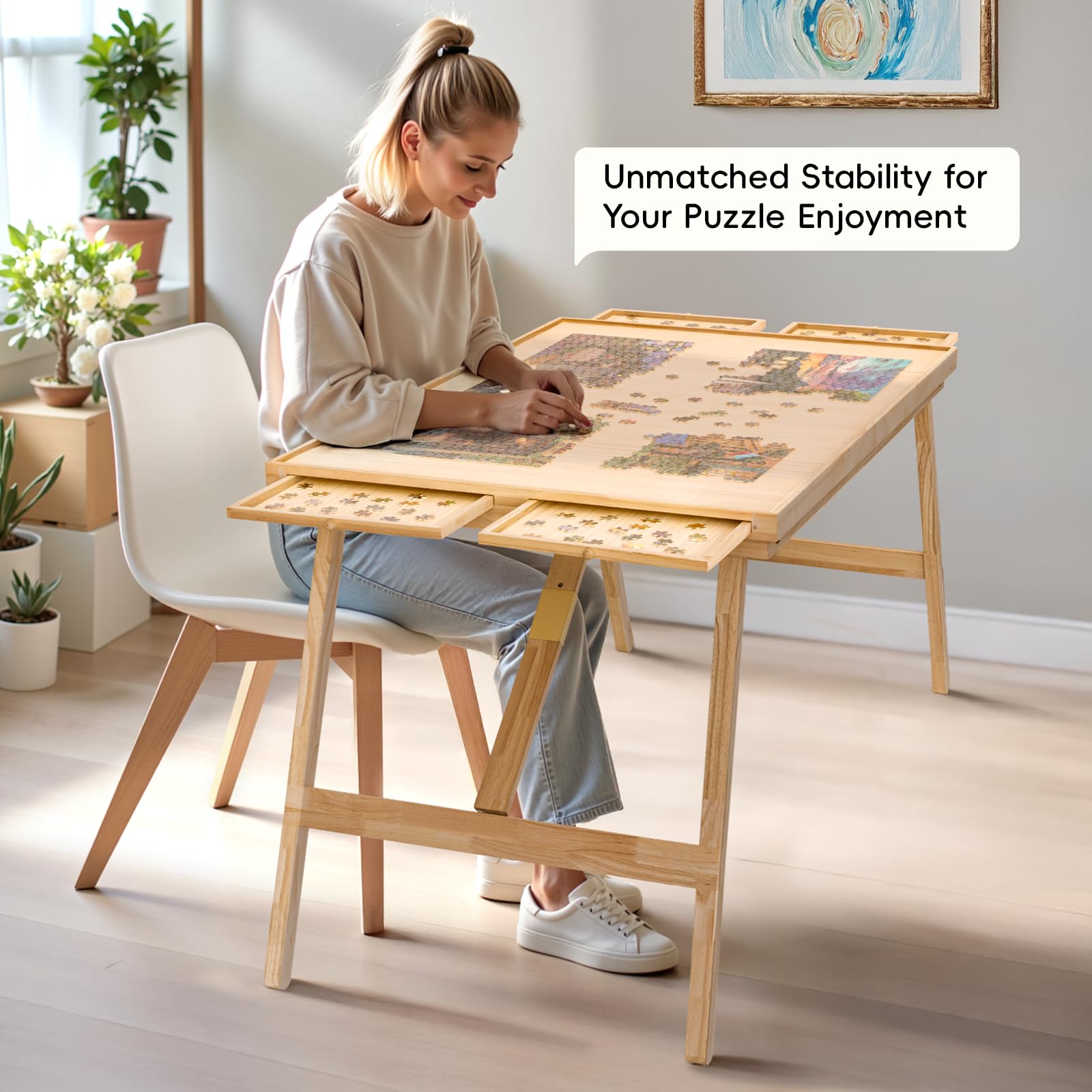 TEAKMAMA engineered wood surface offers smooth piece maneuverability during puzzles.