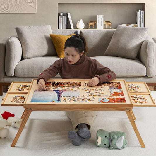 TEAKMAMA puzzle board offers a spacious 34W x 26.3D work surface for large puzzles