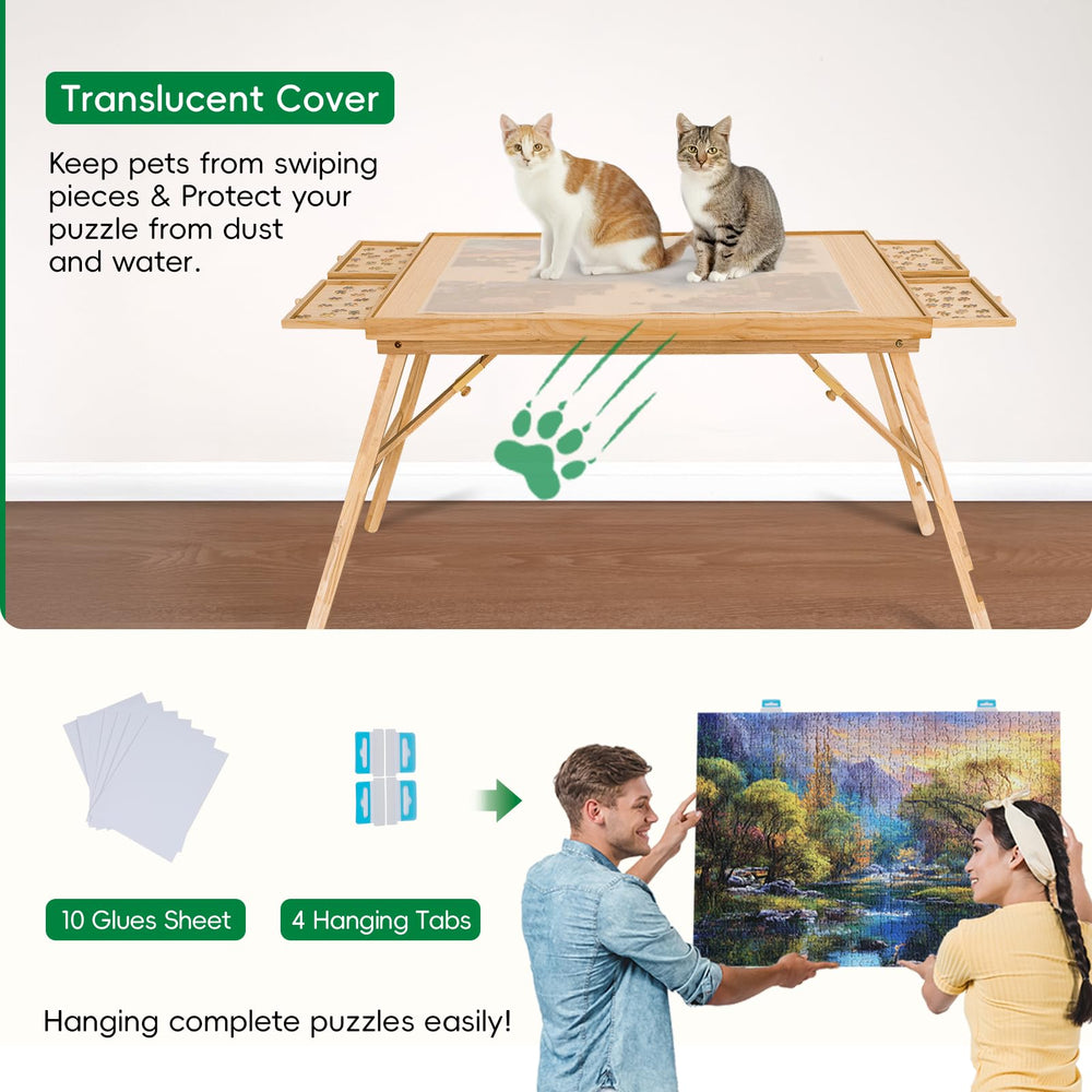TEAKMAMA table fitting most 1500-piece puzzles with clear size guidance