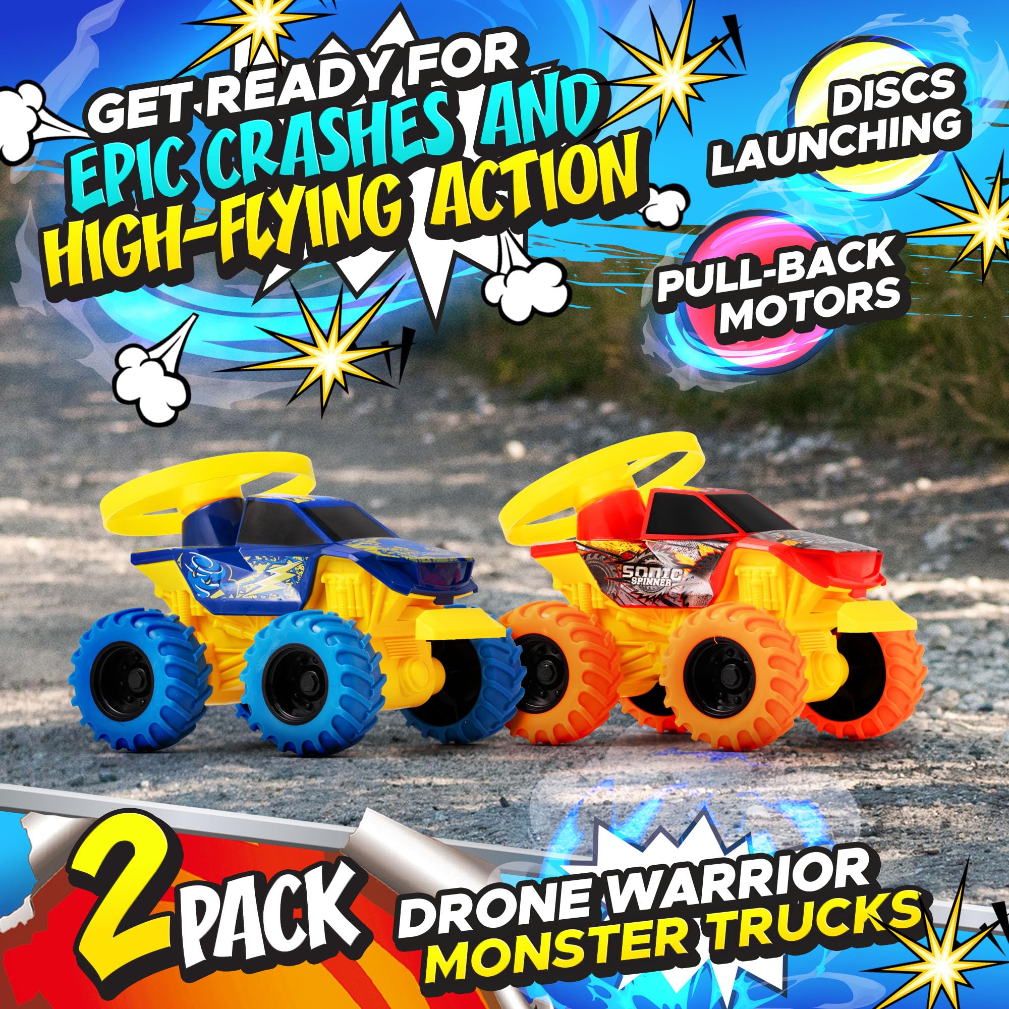 Team Power Drone Warrior battle trucks in action for head-to-head play with big air potential.