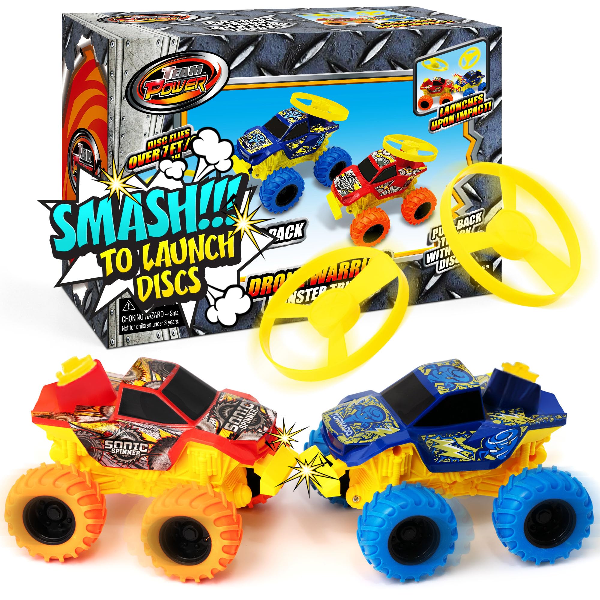 Team Power Drone Warrior front view shows two 5.2-inch monster trucks, ideal for indoor battles.