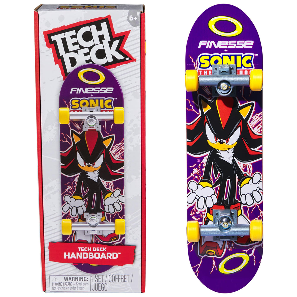 Tech Deck handboard with Finesse X Sonic Hedgehog graphic for display and practice.