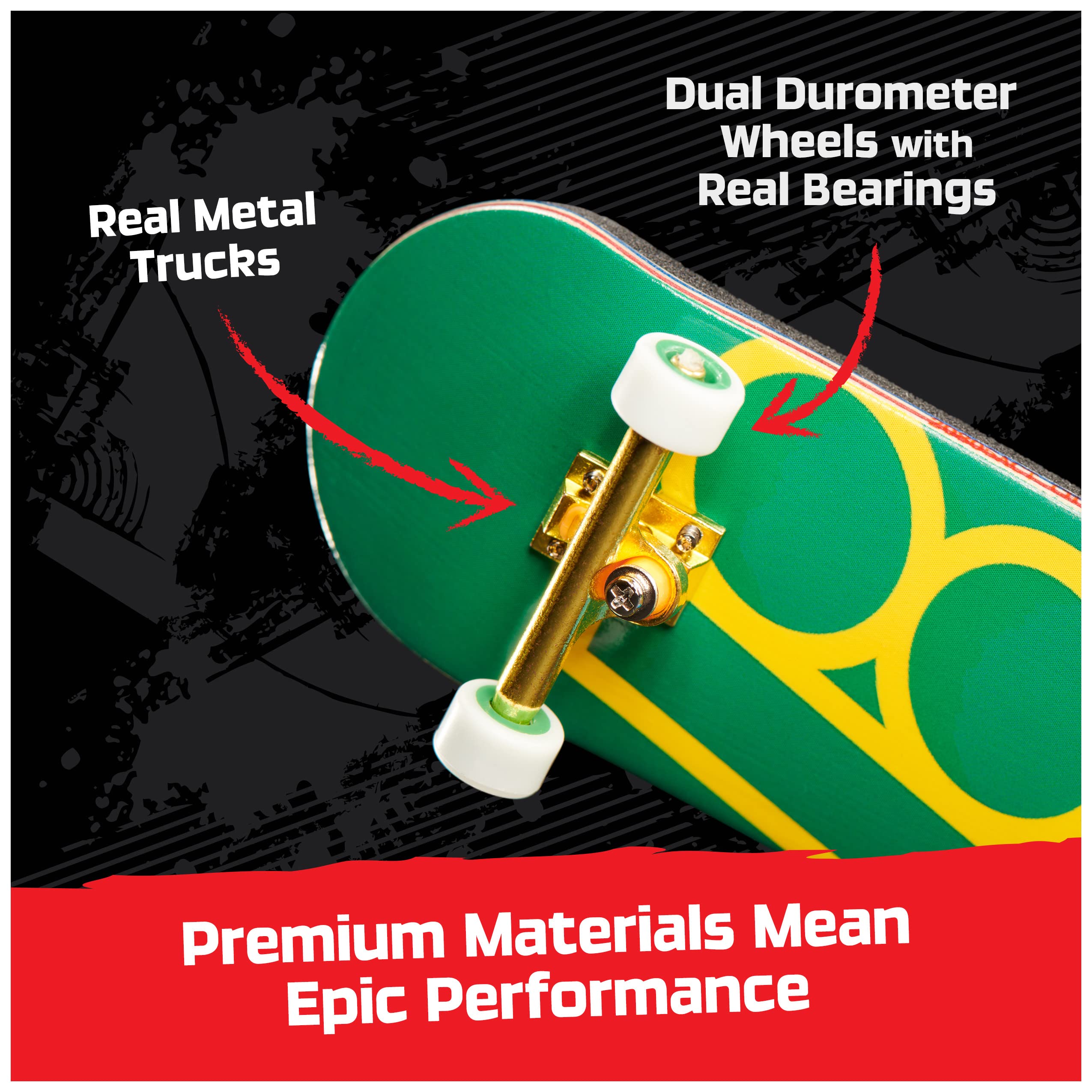 Dual durometer wheels with bearings enable smooth, controlled tricks.